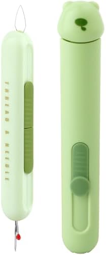 Automatic Needle Threaders Seam Ripper, Upgraded 3 in 1 Sewing Needle Threader Tool, 2Pcs Stretchable Quick Seam Rippers with Needle Storage for Hand Quilling, Embroidery Stitch Removal(Green)