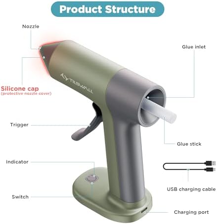 Tilswall Cordless Hot Glue Gun W106 with 30s Fast Preheating Olive Green