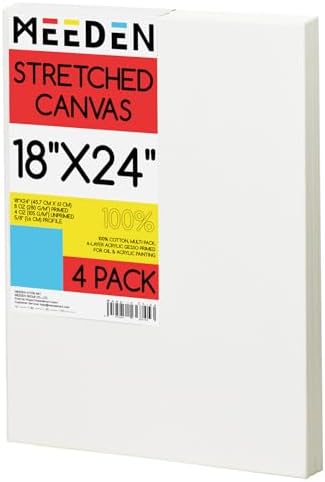 MEEDEN Stretched Canvas, 18 × 24 Inch, Pack of 4, Blank White Canvases for Painting, 100% Cotton, 14 oz Gesso-Primed, Pre-Stretched Canvas for Acrylic Oil Pouring & Airbrushing Painting