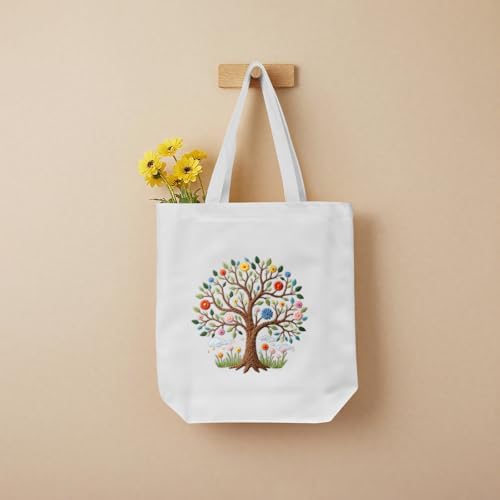 ERKOON Embroidery Canvas Tote Bag for Beginners, Needlepoint Arts Crafts Cross Stitch Kits for Adults Including Stamped Embroidery Bag with Hoops, Needle, Instruction and Color Threads (Tree)