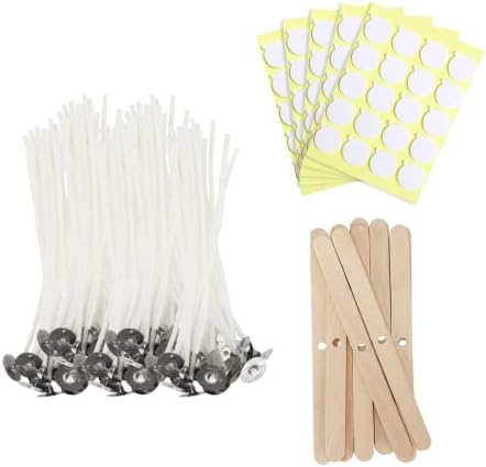 JEAWIWI 100 Pcs Cotton Candle Wicks, 4 inch, with Wick Stickers & Holders