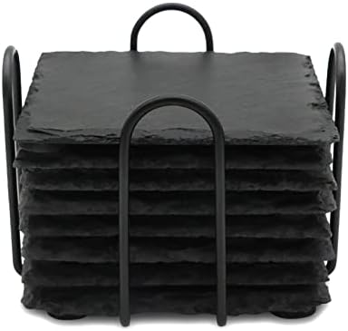 8 Pack 4 Inch Square Black Slate Coasters Set with Storage Holder