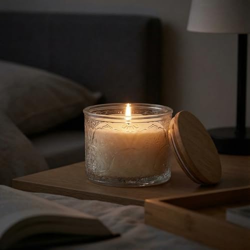 10 oz Clear Mandala Glass Candle Jars with Bamboo Lids, 9 Pack