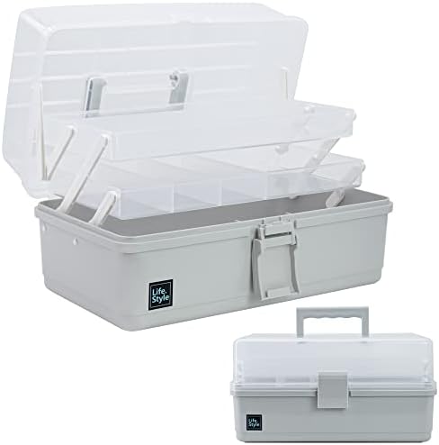 Creahaus 13 inch Art Craft Organizer Storage Box with 3 Layer, Multipurpose Plastic Tool Box with Handle for Sewing, Art Supply, Medicine, Nail, Hair Accessories (Grey)