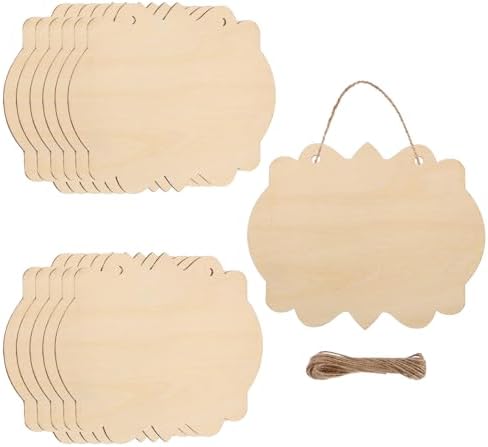MECCANIXITY Unfinished Hanging Wood Sign Blank with Ropes 6"x5" Unfinished Wood Crafts Boards Wooden Plaques for Crafts DIY Painting Burning Carving Door Wall Decoration, Style 9, Pack of 12