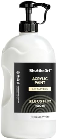 Shuttle Art Titanium White Acrylic Paint, 33.8oz/1000ml Large Capacity Pump Bottle with Cover, Fast Drying Non-Toxic, High Coverage Titanium White Paint for Kids, Artists, Students & DIY Crafts