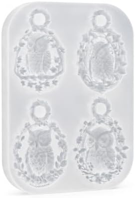 4-Cavity Floral Wreath Owl Pendant Resin Silicone Mold with Hanging Hole, Vintage Cameo Owl Epoxy Resin Casting Mould, DIY Necklace Charm Mold for Halloween Christmas Handmade Jewelry Craft (MT02)