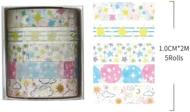 Cute Pattern Washi Tape Set 5 Rolls Glitter Cover Decorative Wide Kawaii Masking Tapes for Arts, DIY Crafts, Journals, Planners, Scrapbook, Wrapping (2 Star Sparkle)