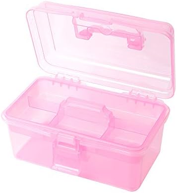 Multipurpose Plastic Storage Container Organizer Box Case with Removable Tray and Handle for Art, Craft, Sewing Supplies, Clear&Pink