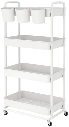 JIUYOTREE 4-Tier Plastic Rolling Storage Cart Utility Cart White