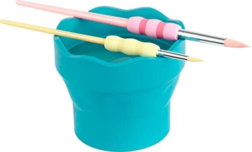 Faber-Castell Clic & Go Portable Paint Water Cup with Brush Holder, Turquoise - Collapsible Paint Brush Cleaner Rinse Cup, Travel Friendly Painting Accessories (Pack of 6)