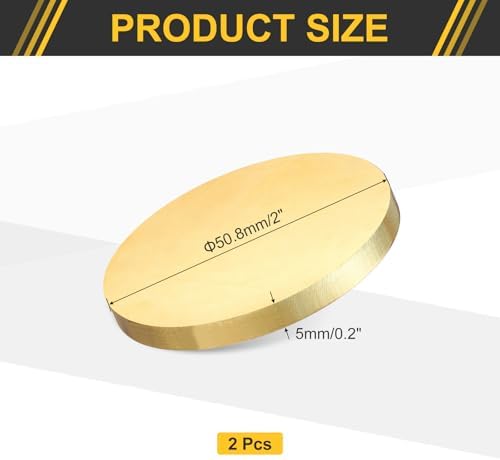 uxcell 2Pcs Brass Round Plate, 0.2"(5mm) Thick 2"(51mm) Dia H65 Brass Round Disc Blank Metal Sheet Copper Circle Disc for Metal Stamping DIY Crafts