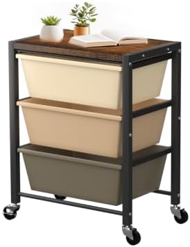 Rolling Cart with 3 Drawers, Plastic Drawer Storage Carts with Lockable Wheels & Wooden Tabletop, Metal Utility Cart Organizer, Office Bedroom Classroom Craft Organization and Storage, Dark Brown