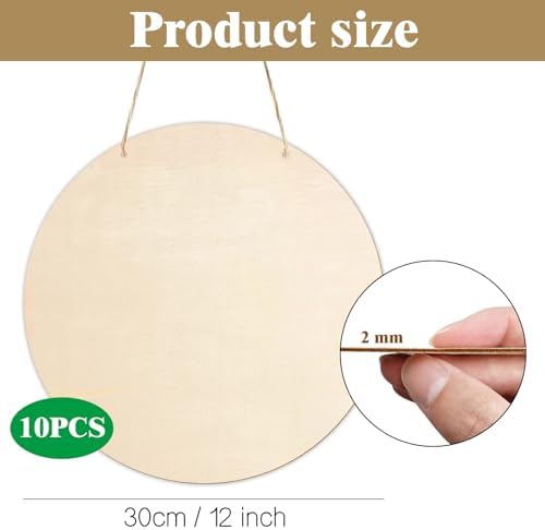 10Pcs Thicken Wood Circles for Crafts with Holes,12" Unfinished Wood Rounds | Wooden Round Circles with Twine,Woods Rounds Discs for Door Hanger,Blank Wooden Signs for Painting,Burning,Home Décor