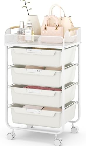 SYKIARIOL 4-Drawer Rolling Storage Cart with Mesh Top,White