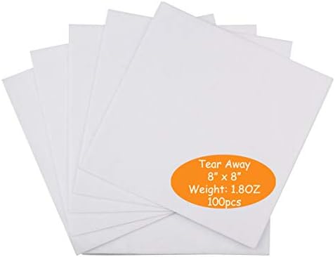Simthread Tear Away Machine Embroidery Stabilizer Backing - 1.8 Ounces Medium Weight 8" x 8" 100pcs / Pack, Precut Sheets for 4x4 and 6x6 Machine Embroidery Hoops