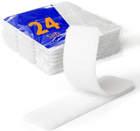 24 Sets 1 x 4 inch Adhesive Hook and Loop Fastener Strips, Heavy Duty, Strong Back Adhesive, Double-Sided Hook and Loop for School, Classroom, Office, and Home Use, White