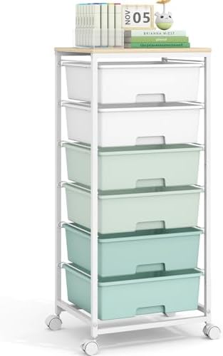 6 Drawer Rolling Storage Cart with Wooden Top and Wheels for Crafts,Green