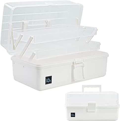 Creahaus 13 inch Art Craft Organizer Storage Box with 3 Layer, Multipurpose Plastic Tool Box with Handle for Sewing, Art Supply, Medicine, Nail, Hair Accessories (White)