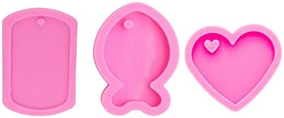 3pc Glossy Resin Silicone Fish Molds Pet Cat Tag DIY Necklace, Heart Mould Crafts Epoxy Mold with 10PC Key Ring(DY0054+DY0088+DY0405)