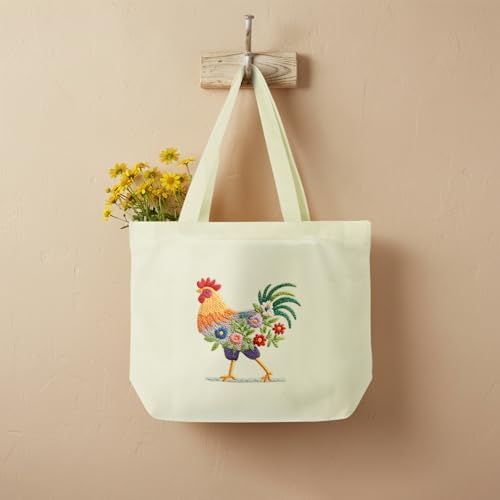 ERKOON Canvas Tote Bag Embroidery Kit for Beginners, Floral Arts Crafts Cross Stitch Kits for Adults Including Stamped Embroidery Bag with Hoops, Needle, Instruction and Color Threads (Rooster)