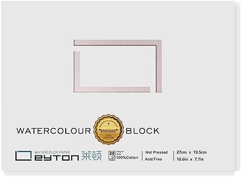Non-Warping 100% Cotton Watercolor Paper Block - 20 Sheets of 160lb/350gsm Hot Press Water Color Art Supplies for Wet, Dry, and Mixed Media Painting, for Watercolor, Gouache, Acrylic (10.6 x 7.7'')