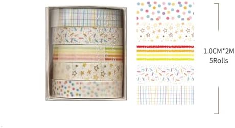 Cute Pattern Washi Tape Set 5 Rolls Glitter Cover Decorative Wide Kawaii Masking Tapes for Arts, DIY Crafts, Journals, Planners, Scrapbook, Wrapping (9 Dots & Stars)