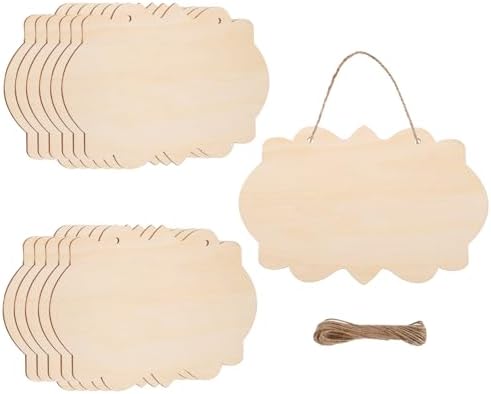 MECCANIXITY Unfinished Hanging Wood Sign Blank with Ropes 9"x6" Unfinished Wood Crafts Boards Wooden Plaques for Crafts DIY Painting Burning Carving Door Wall Decoration, Style 9, Pack of 12