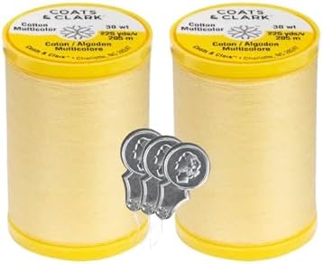 Coats & Clark Cotton All Purpose Sewing Thread 100% Mercerized Cotton 225 Yards Each Spool S970 2 Pack Bundle with 3 Bella's Crafts Needle Threaders (Yellow)