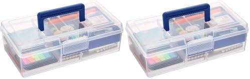 JUXYES Plastic Carry Storage Box with Removable Dividers, Clear Art Craft Supply Storage Bin Sewing Box with Handle Lid, 2 Layers Stationery Storage Case for School/Office Supplies (Pack of 2)