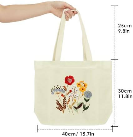 ERKOON Canvas Tote Bag Embroidery Kit for Beginners, Floral Arts Crafts Cross Stitch Kits for Adults Including Stamped Embroidery Bag with Hoops, Needle, Instruction and Color Threads (Flower)