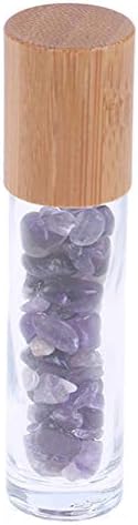 5 Pack 10ml Clear Roll On Bottles With Natural Chakra Crystal Chips for Essential Oils,Perfume Glass Roller Bottles Container Bamboo Lid,Crystal Roller,Pipette&Opener Included (Amethyst)