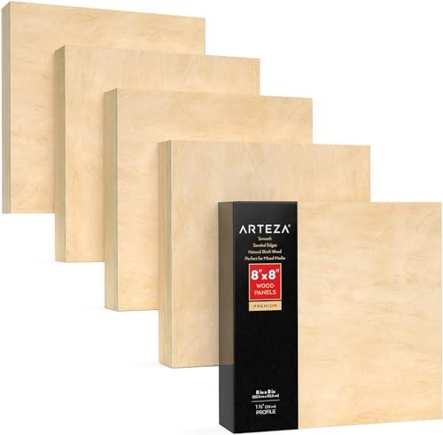Arteza Wooden Canvas Board, 8x8 Inch, Pack of 5, Birch Wood, Cradled Artist Wood Panels for Painting, Encaustic Art, Wood Burning, Pouring, Use with Oils, Acrylics | 1.5 in Profile, Smooth 5 mm Surface, Sanded Edges, For Oil, Acrylic Pouring, Wood Burn...