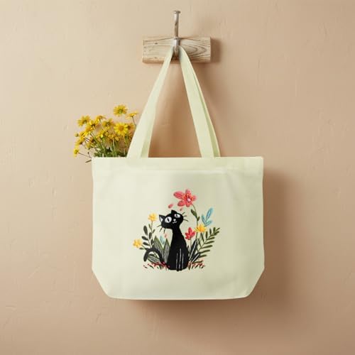 ERKOON Canvas Tote Bag Embroidery Kit for Beginners, Floral Arts Crafts Cross Stitch Kits for Adults Including Stamped Embroidery Bag with Hoops, Needle, Instruction and Color Threads (Cat)