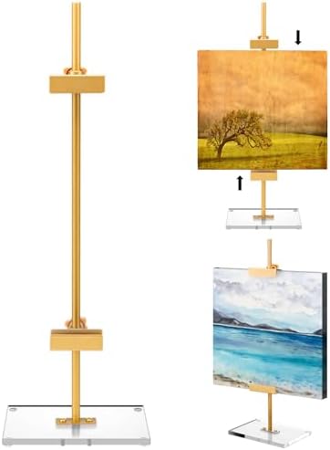 RattanView Adjustable Tabletop Easel Gold Picture Frame Holder Stand up to 16.5" H Metal Floating Picture Rack for Display Easel with Acrylic Base 16 x 5 Frame Holder Stand Table for Art Photo Signs