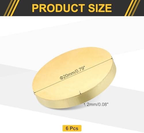 uxcell 6Pcs Brass Round Plate, 0.08"(2mm) Thick 0.8"(20mm) Dia H65 Brass Round Disc Blank Metal Sheet Copper Circle Disc for Metal Stamping DIY Crafts