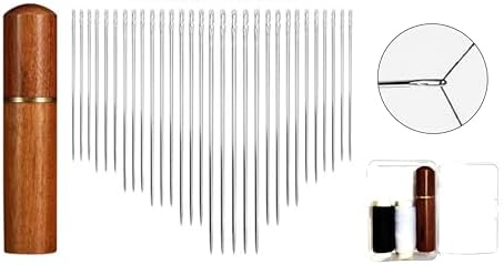 30 Pack Non Threading Sewing Needle Side Opening Sewing Needle with Wooden Needle Case+Square Storage Box+Black/White Threads Used for Sewing Clothes, Embroidery, etc(6 Mixed Sizes)
