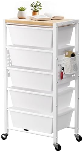 Rolling Cart with 5 Drawers, Plastic Drawer Storage Carts with Wheels & Wooden Tabletop, Metal Utility Cart with Pegboards, Office Living Room Classroom Craft Organization and Storage, Bright White