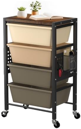 Rolling Cart with 4 Drawers, Plastic Drawer Storage Carts with Wheels & Wooden Tabletop, Metal Utility Cart with Pegboards, Office Living Room Classroom Craft Organization and Storage, Dark Brown