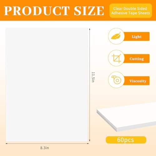 60 Sheets A4 Size 8.3x11.5 Inch Clear Double Sided Adhesive Tape Sheets, Super Strong Sticky Tape, DIY Art, Craft, Home Decorative Tape with White Liner
