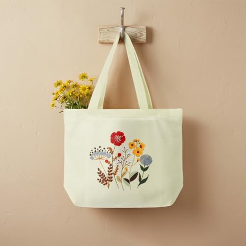 ERKOON Canvas Tote Bag Embroidery Kit for Beginners, Floral Arts Crafts Cross Stitch Kits for Adults Including Stamped Embroidery Bag with Hoops, Needle, Instruction and Color Threads (Flower)