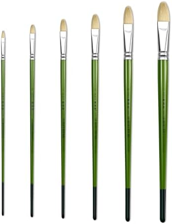 XDT#515 Filbert Artist Paint Brush 6 Piece Set Medium Stiff Hog Bristle Extra Long Handle #2#4#6#8#10#12, Acrylic Oil Watercolor