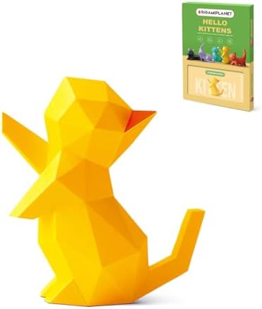 ORIGAMIPLANET 3D Origami Paper Craft Kit, Starpaw Kitten Cute DIY Pre-Cut Animal Papercraft Model for Beginners, Fun Handmade Home Decoration Gift for Adults & Teens-Yellow