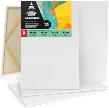 ARTEZA Stretched Canvas, 24 x 36 Inches, Pack of 5, Blank White Large Canvas for Painting for Acrylic, Oil and Gouache Paints