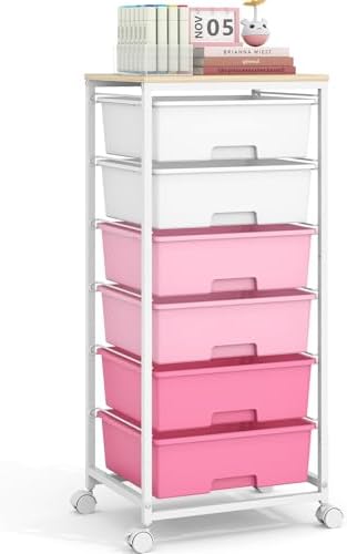 6 Drawer Rolling Storage Cart with Wooden Top and Wheels for Crafts, Pink