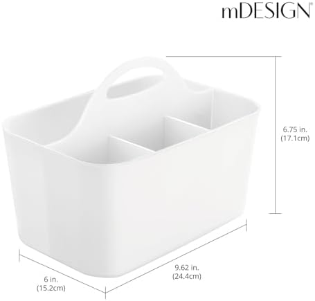 mDesign Plastic Portable Craft Storage Organizer Caddy Tote, Divided Basket Bin w/Handle - Craft, Sewing, Art Supplies - Holds Brushes, Colored Pencils - Lumiere Collection - White, 2 Pack