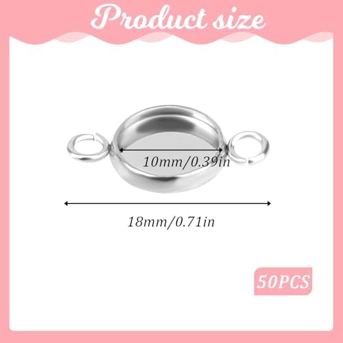 Mozeat Lens 50pcs Stainless Steel Round Blank Bezel Pendant Bezel Tray Connectors Base Cabochon Settings Trays Pendant Blanks Links with Double Loops Bracelet Making Tray for Jewelry Making DIY Craft