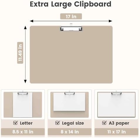 Extra Large 11x17 Clipboards, Plastic Khaki Drawing Boards, Horizontal Clip Board, Landscape Layout. Suitable for Watercolor, Sketching, Painting. Art & Drafting Supply
