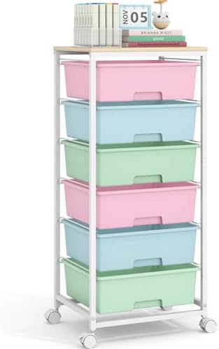 6 Drawer Rolling Storage Cart with Wooden Top and Wheels for Craft Rainbow