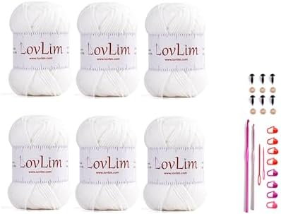 Yarn Pack, 6 skeins of 50g Each, Soft Cotton Yarn for Crochet and Knitting, Craft DK Amigurumi Yarn (Six White)